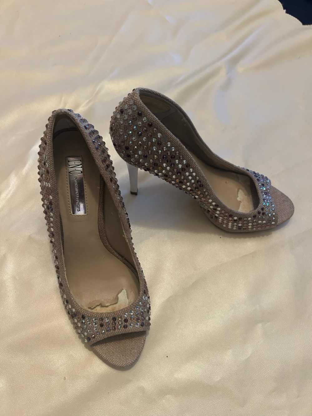 Beige Embellished Peep-Toe Heels - Women Shoes